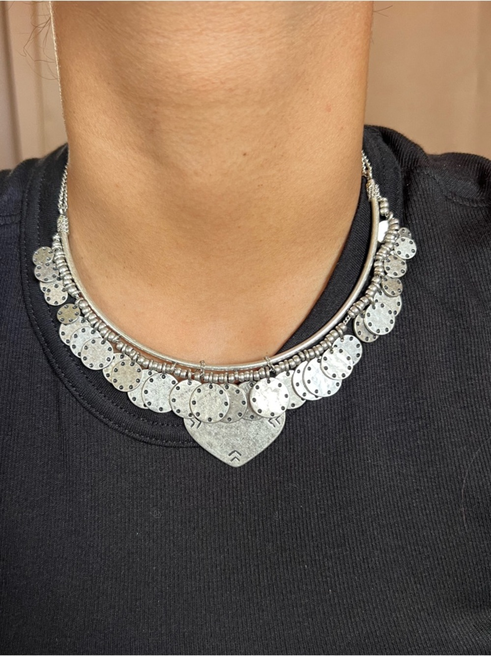 Matte Silver Tribal Coin Statement Necklace Boho Festival - Picture 2 of 6